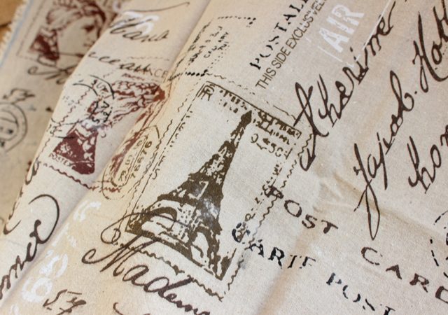 Natural Linen Beige Tablecloth with Postage Stamps Themed Print