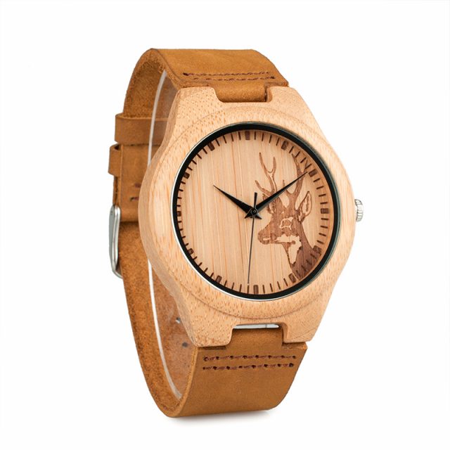 Wooden Watch with Soft Brown Leather Strap for Couples and Lovers